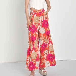 Lulus Blissful Vacay Orange Floral Print Side Slit Pants